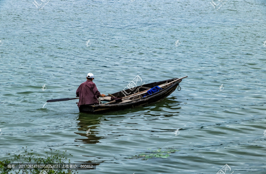 渔民划桨,淡水湖,小舟,小木船