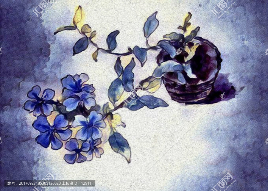花卉油画,蓝雪花