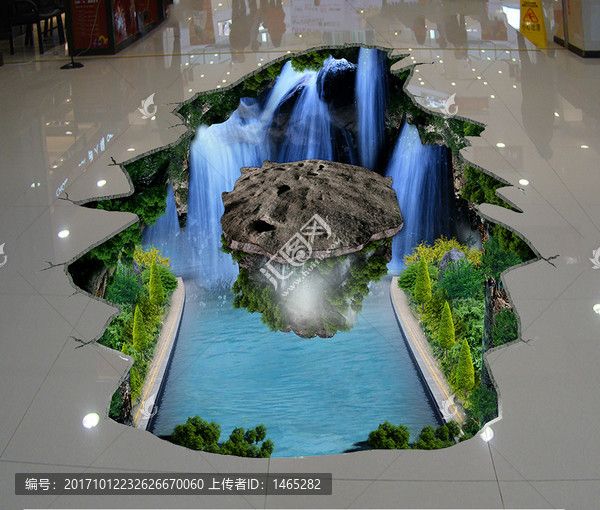 3D瀑布小島地板畫