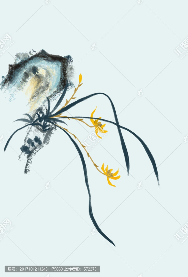 石頭蘭花水墨畫