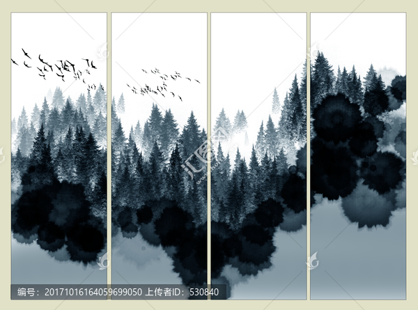 四聯(lián)水墨山水畫