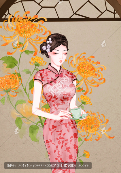 旗袍美女喝茶