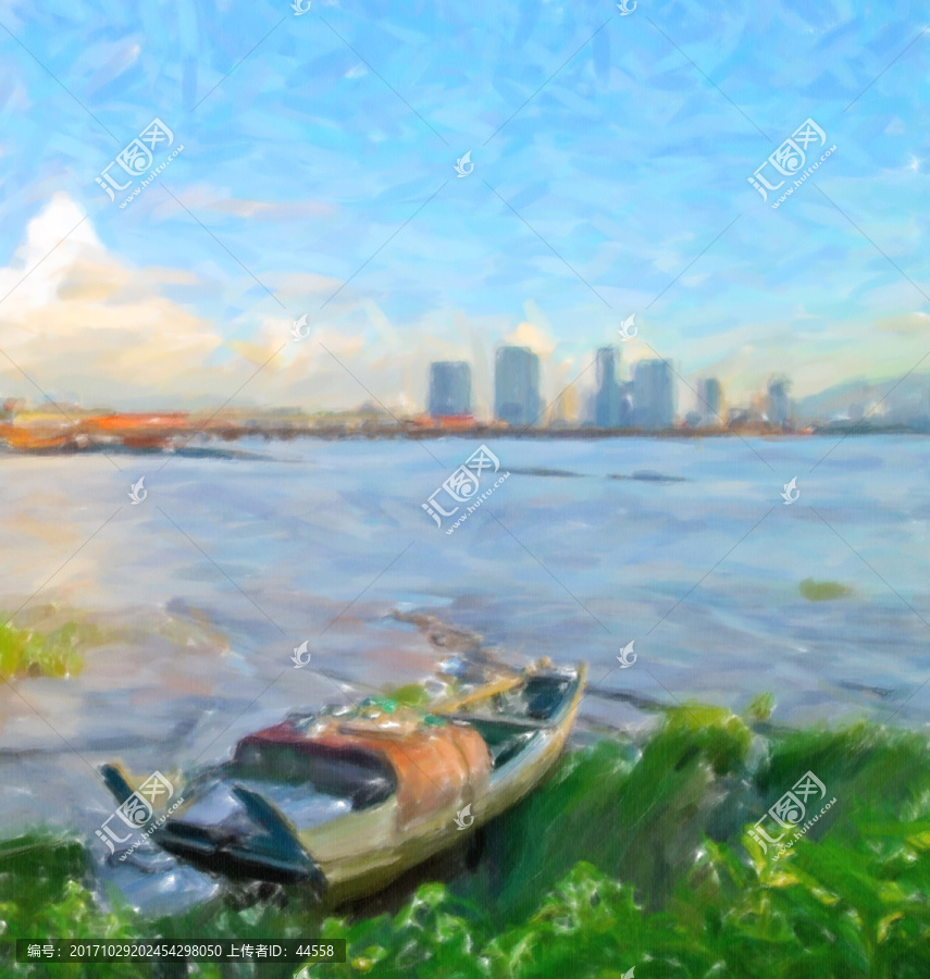 城市,漁船,繪畫