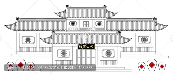 古代建筑酒楼酒馆白描线框图