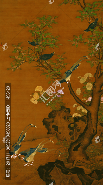 桂菊山禽圖,絹本
