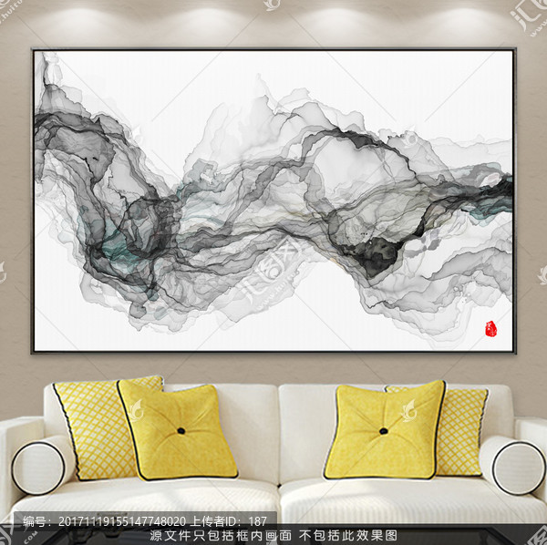 新中式沙發(fā)電視墻水墨裝飾畫(huà)