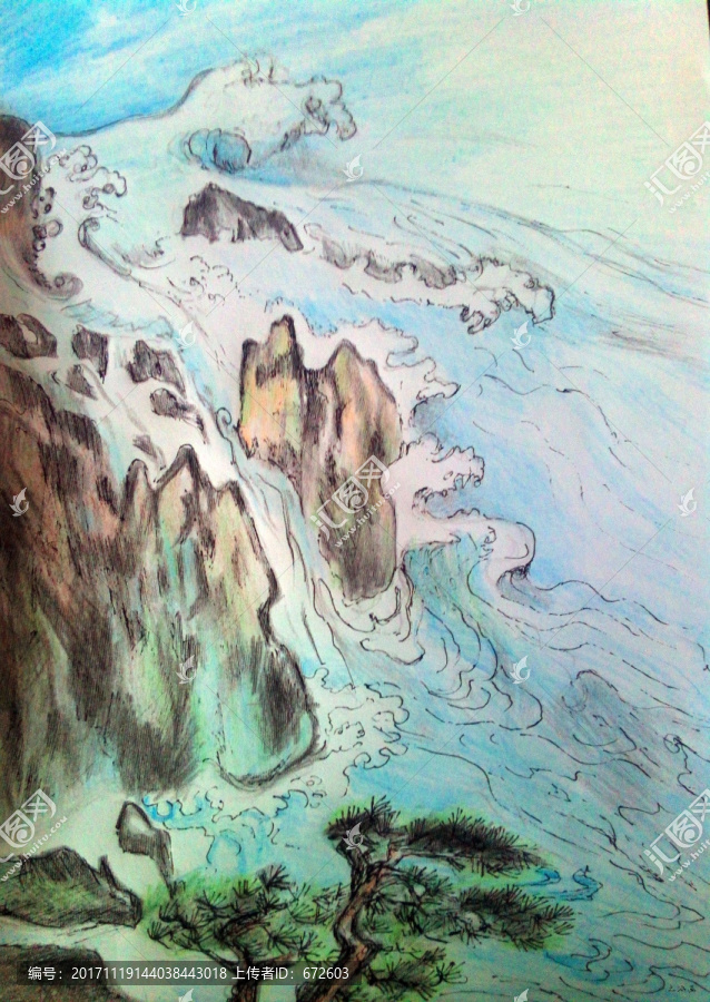 彩鉛山水風景河流