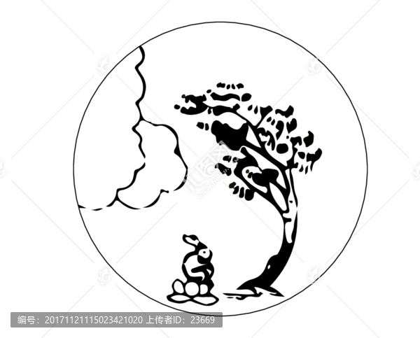 玉兔坐蓮矢量白描線稿裝飾雕刻