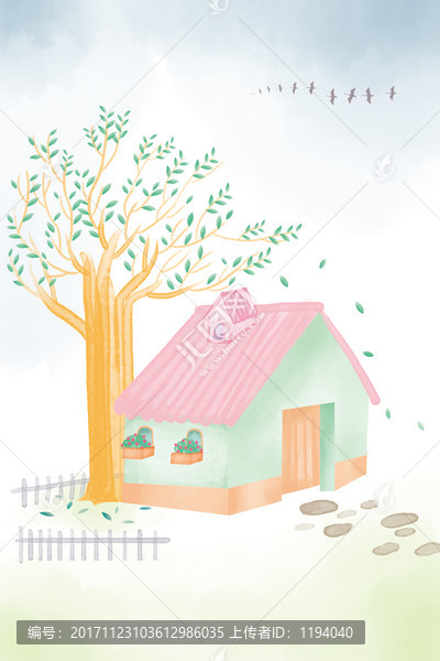 田園小屋,水彩圖片,PSD