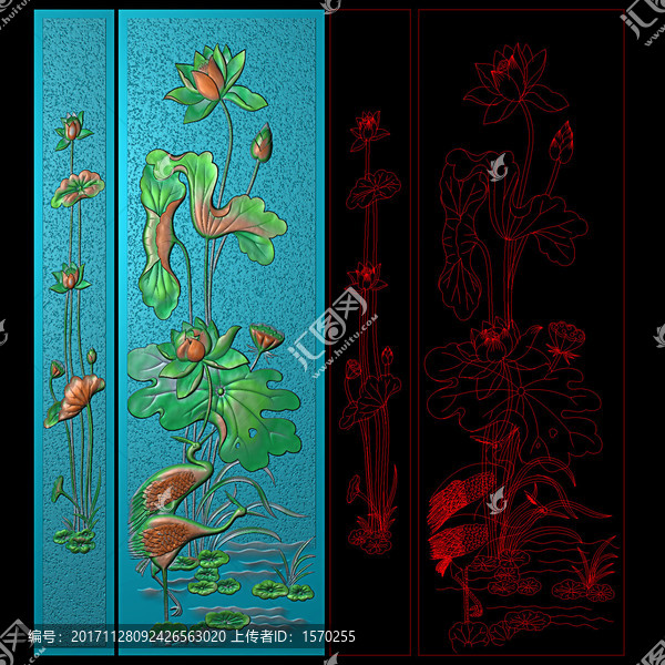 中式荷花子母門板精雕圖