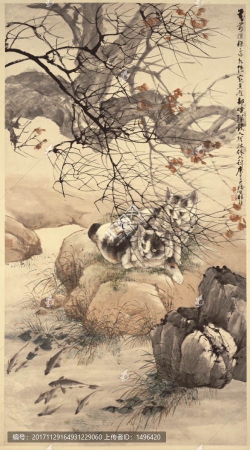 雙貓窺魚紙本