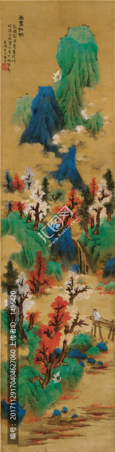 藍瑛白云紅樹圖絹本