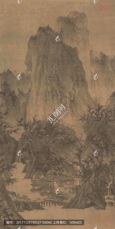 晴巒蕭寺圖絹本