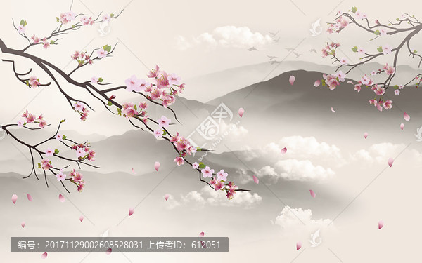 手繪工筆櫻花樹(shù)水墨背景3D壁畫(huà)