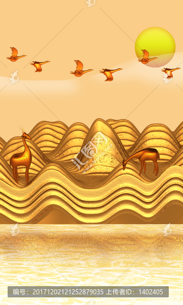 新中式抽象山水金色山鹿鸟背景墙