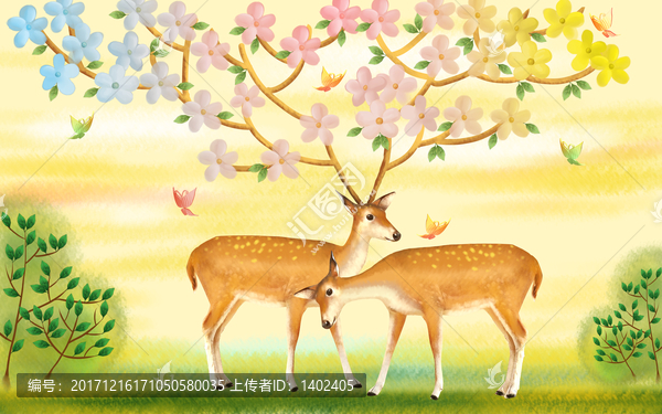 梅花鹿花朵蝴蝶手繪兒童房背景墻