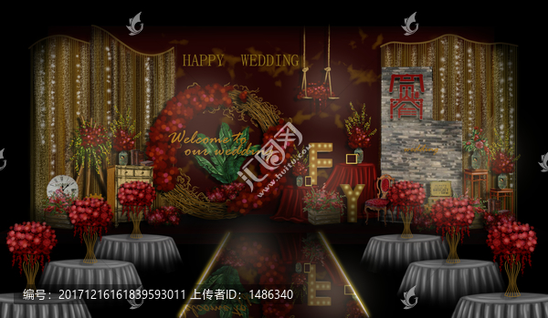 紅金色復古婚禮舞臺設計