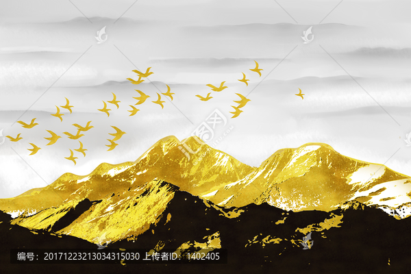 新中式飞鸟金色雪山抽象装饰画