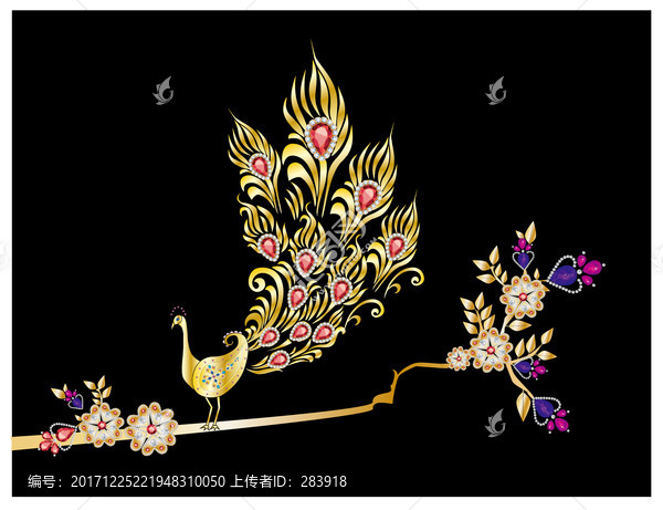 紅寶石元素金色花朵孔雀矢量作品