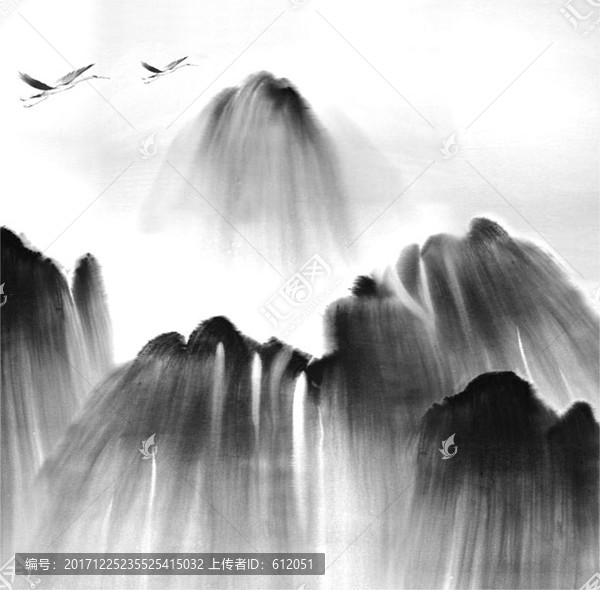 水墨山水仙鶴抽象中式國畫壁畫