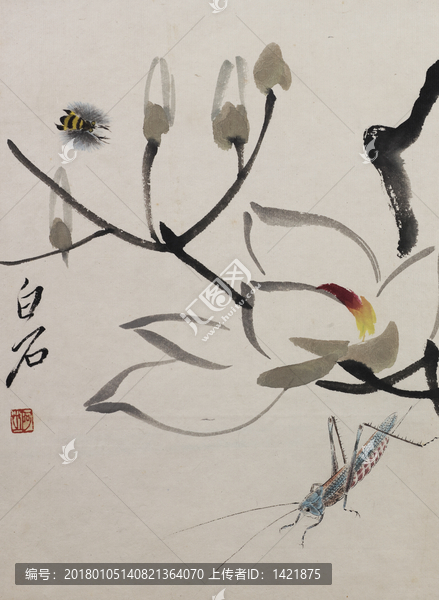 齊白石國(guó)畫花草,螞蚱,蜜蜂