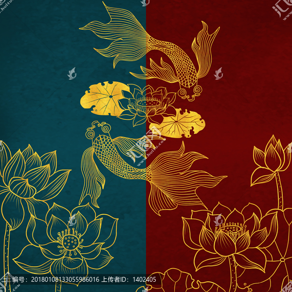金魚荷花蓮花荷塘雙聯(lián)裝飾畫