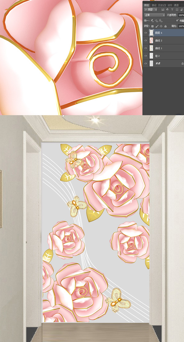 粉色玫瑰3d立體浮雕玄關(guān)背景墻