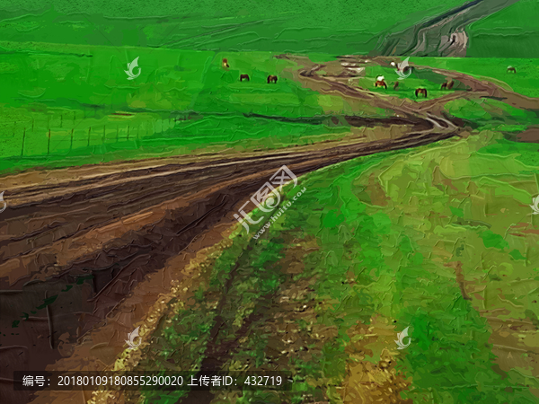 草原彎曲的路和馬群