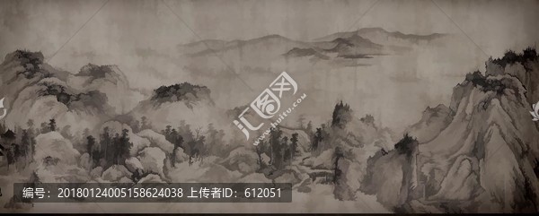 手绘工笔水墨山水3D壁画合层