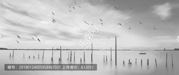 海洋海鷗天空木頭3D壁畫合層