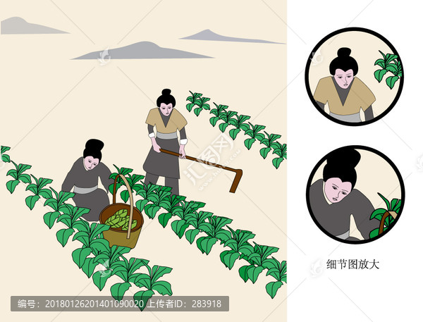 古代人物種植場景插圖矢量作品