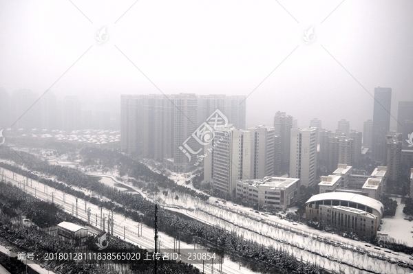 城市雪景,俯拍,白天