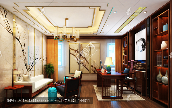 新中式书房茶室待客厅高清效果图
