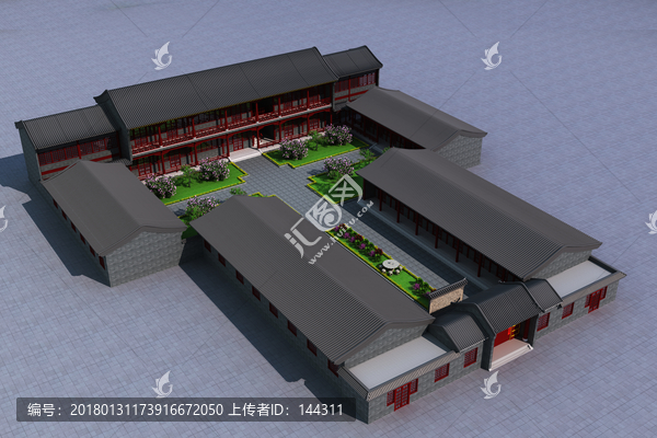 高清效果圖二層二進四合院鳥瞰圖
