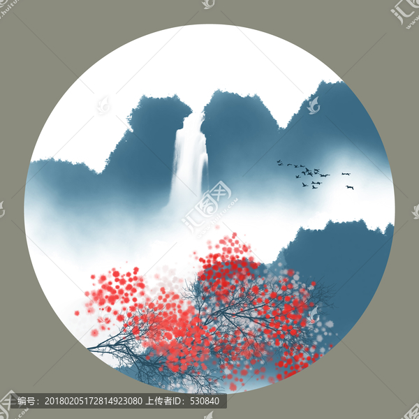 圓形小品水墨畫山水