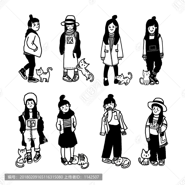 簡單線條卡通女孩和貓咪