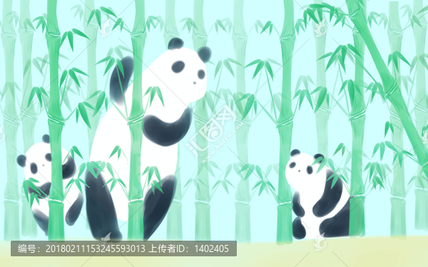 北歐熊貓手繪竹林兒童房背景墻