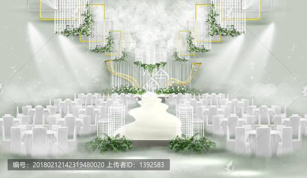 白綠色小清新輕森系婚禮手繪效果