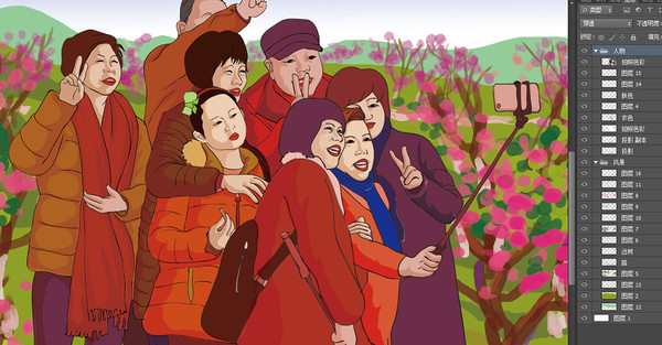 春游桃花園里全家福自拍