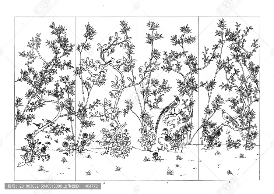 工笔画线稿工笔花鸟线稿牡丹花鸟