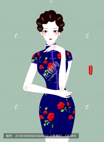 旗袍,旗袍美女插畫,手繪美女