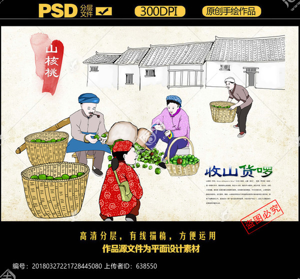 手繪高清山貨之山核桃插畫素材