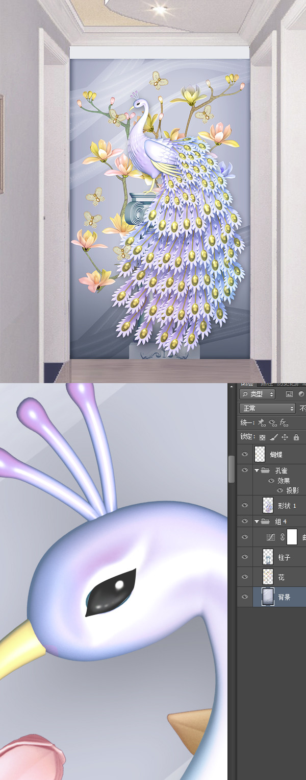 3D浮雕立體孔雀玄關背景墻