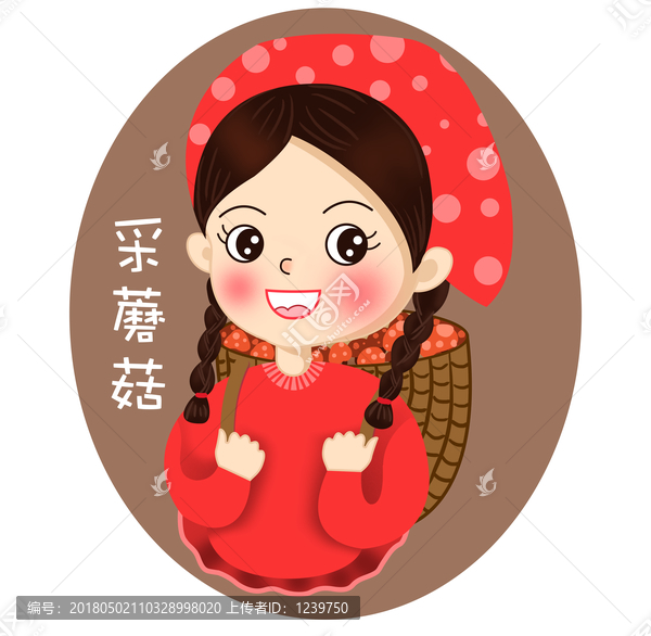 采蘑菇的小姑娘背著竹筐的女孩