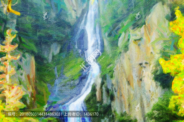 高山瀑布油画