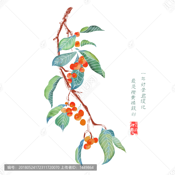 綠枝紅果實手繪
