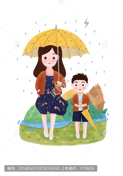 亲子插画母子雨伞