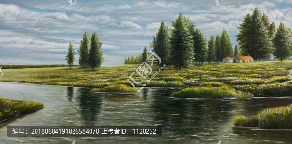 风景油画,油画,河边,湖边