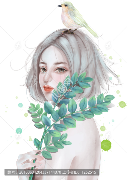 小清新女孩與鳥插畫封面圖
