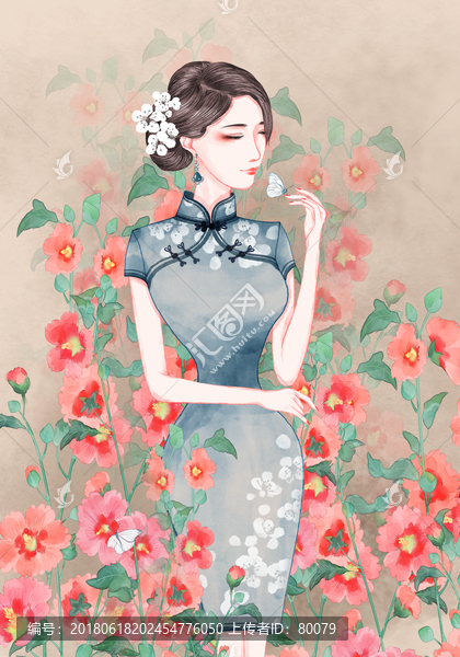 旗袍美女賞花逗蝶